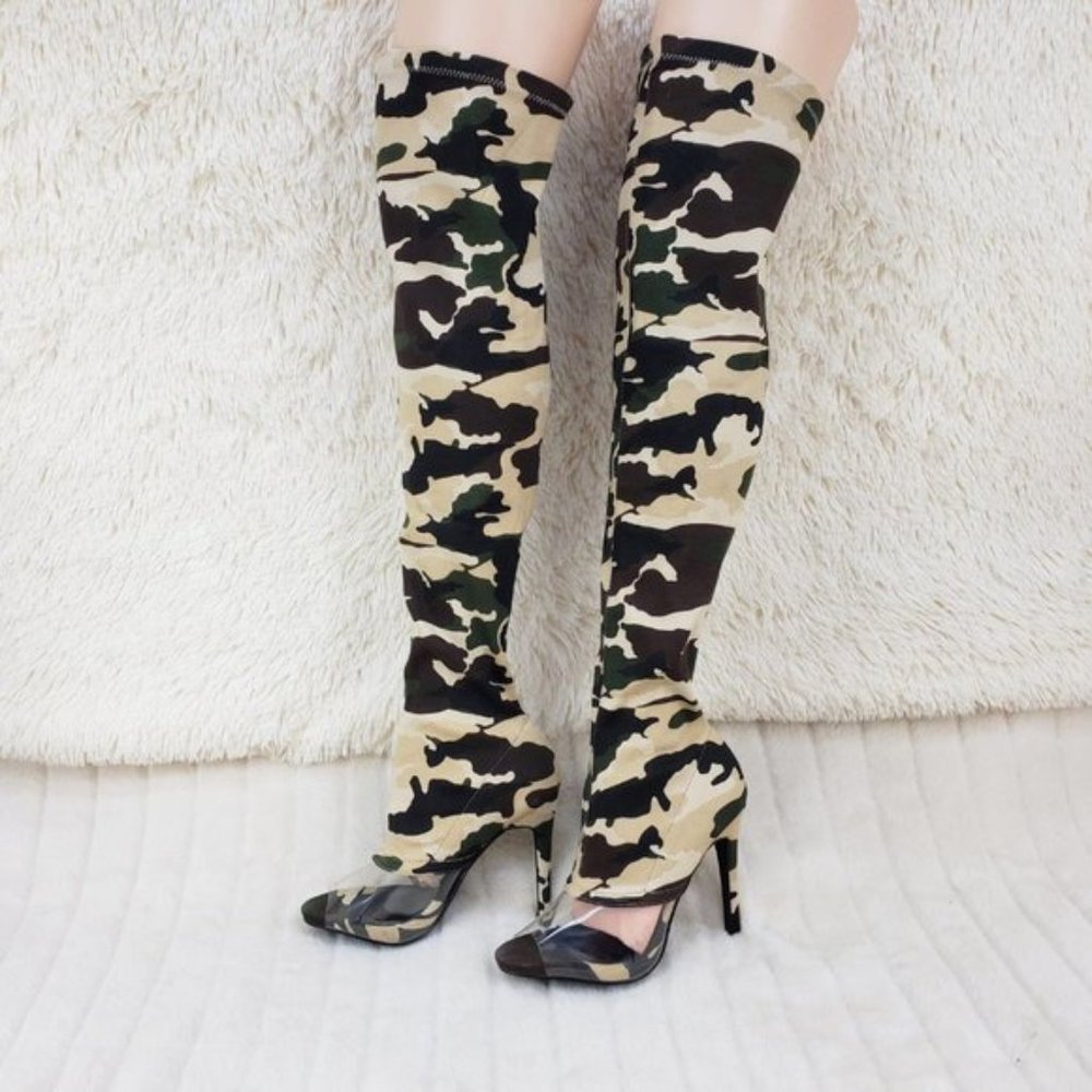 Cape Robbin Thigh High Camo Stretch High Heel Boots
